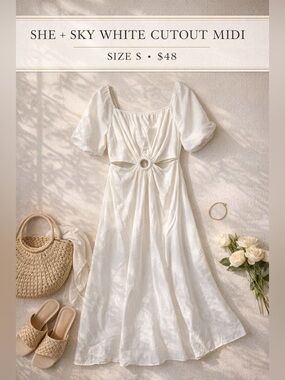 She + Sky White Cutout Waist Midi Dress Size S